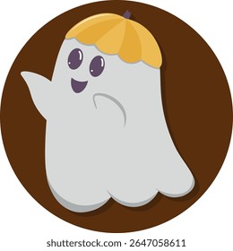 Cute ghost with a pumpkin hat smiling on a brown background. Perfect for kids' Halloween projects like stickers, greeting cards, invitations, and festive decorations. Vector illustration EPS10