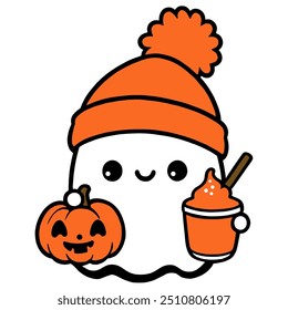 Cute Ghost with Pumpkin and Holding a Milkshake isolated on white Background.