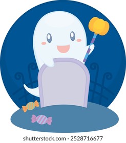 Cute Ghost with Pumpkin Lollipop on Gravestone