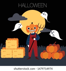 cute ghost and pumpkin man night scene halloween  illustration