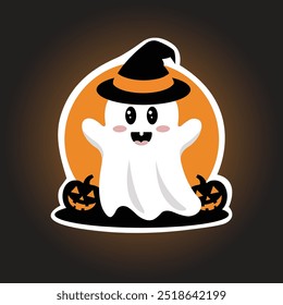 Cute Ghost with Pumpkin and A Witch Hat for Happy Halloween Sticker Vector Illustration