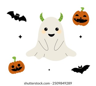 Cute ghost and pumpkins. Halloween concept. Elements for design, scrapbooking, sticker, postcard, poster.