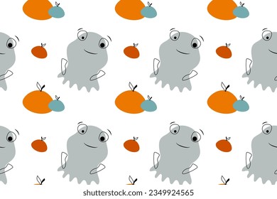 Cute ghost and pumpkins. Isolated white background.