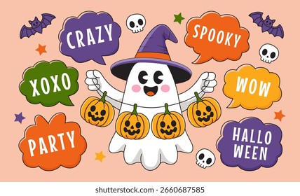 Netter Geist mit Kürbissen. Set von Halloween-Sprechblasen mit Text: Spooky, Halloween, Xoxo, Crazy, Wow, Party, Vektorgrafik.