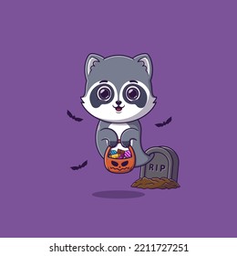 Cute ghost raccoon holding pumpkin basket full of candies