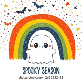 A cute ghost with a rainbow and bats, featuring "Spooky Season" text, perfect for Halloween cards or kids' decor. Vector illustration