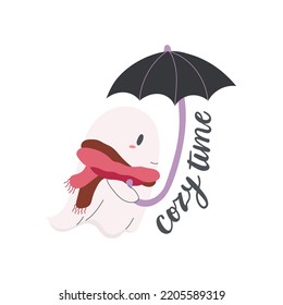 Cute ghost with a rainbow with brush calligraphy Cozy time. Halloween hand drawn vector illustration.