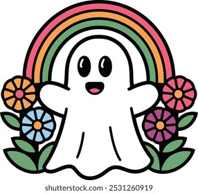 Cute Ghost with Rainbow and Flowers Illustration