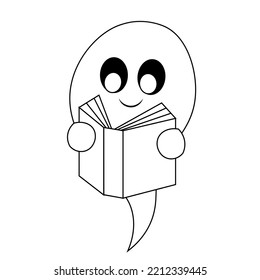Cute Ghost read book. Draw illustration in black and white