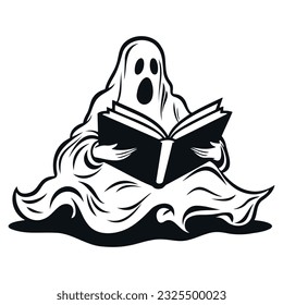 Cute Ghost read book. Draw illustration in black and white