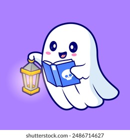 Cute Ghost Reading Book With Lantern Cartoon Vector Icon Illustration. Holiday Education Icon Concept Isolated Premium Vector. Flat Cartoon Style