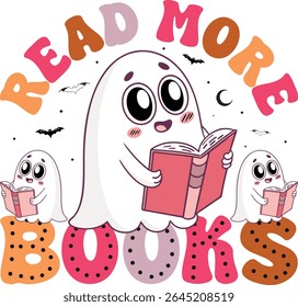 "Cute Ghost Reading Book - Read More Books Halloween T-Shirt Design for Kids and Teachers"