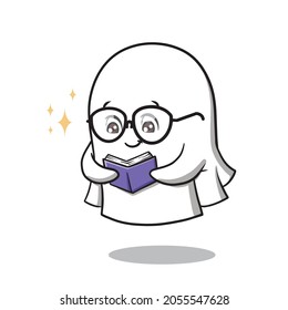 Cute Ghost Reading His Book Cartoon Character Vector Illustration