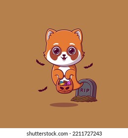 Cute ghost red panda holding pumpkin basket full of candies
