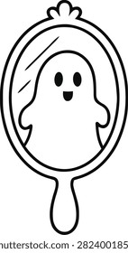 Cute ghost reflection inside a handheld vintage mirror black outline vector illustration isolated on white background, great for Halloween coloring pages.