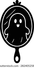 Cute ghost reflection inside a handheld vintage mirror black vector silhouette isolated on white background, perfect for spooky Halloween crafts and stickers.