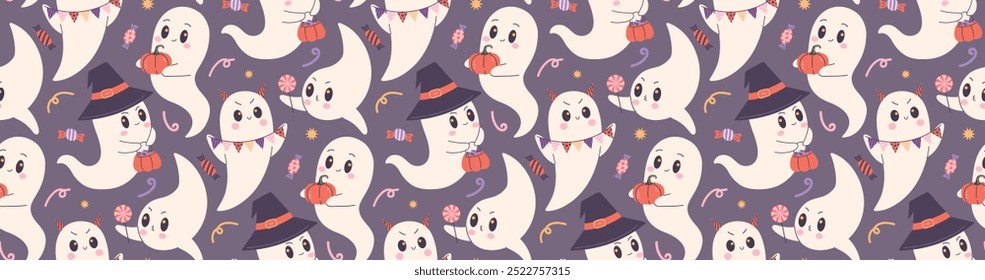 Cute ghost repeating pattern. Halloween character background. 