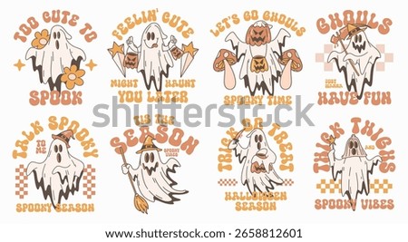 Cute Ghost Retro Halloween Bundle, Spooky Halloween Graphic Collection for T-shirt and Print, Hippie Halloween Set