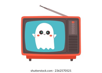 Cute ghost in retro tv. Halloween news old tv. Ghost broadcasting journalist. Live broadcasting. 