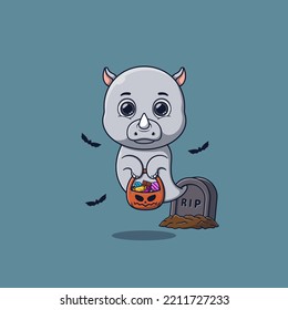 Rinoceronte fantasma con cesta de calabaza llena de caramelos
