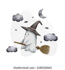 cute ghost riding broom watercolor illustration for kids   baby halloween theme background