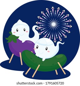 Cute Ghost Riding on Eggplant and Cucumber