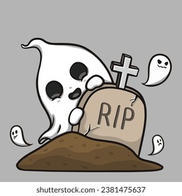 Cute Ghost and RIP Cartoon, Vector ,Happy Halloween