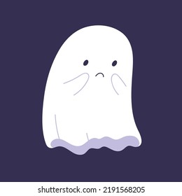 Cute ghost with sad upset face expression. Halloween boo character crying. Baby phantom creature in bad mood. Unhappy kawaii Helloween spook, spirit monster. Isolated flat vector illustration