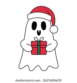 Fantasma bonito em Santa Hat segurando Natal presente Desenho Animado Ilustração