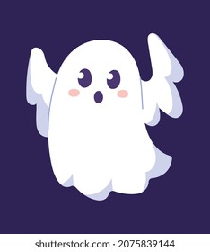 Cute ghost scares. Character tries to instill terror in others. Terrible and evil spirit. Halloween, graphic elements for site. Images for printing on kids clothing. Cartoon flat vector illustration