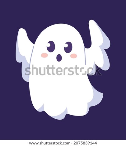 Cute ghost scares. Character tries to instill terror in others. Terrible and evil spirit. Halloween, graphic elements for site. Images for printing on kids clothing. Cartoon flat vector illustration