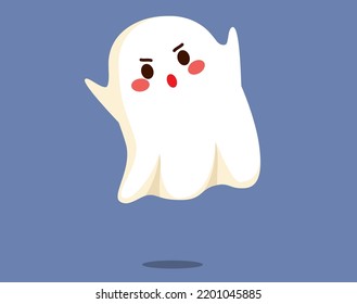 Cute ghost with scaring spooky face expression. Funny Halloween phantom spirit flying