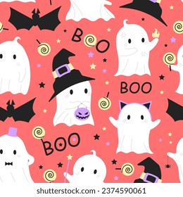 Cute ghost seamless pattern with bat hat and candy. Halloween wallpaper, wrapping paper. Spooky night party seamless pattern. Textile or fabric print. Repetitive magic mood sample.