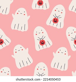 Cute ghost seamless pattern, cartoon flat vector illustration on pink background. Funny ghost flying with basket in shape of pumpkin, trick or treat concept. Adorable kids design.