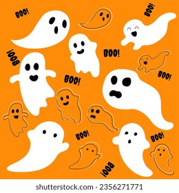 Cute ghost seamless pattern. Ghost character float on orange background. Greate for Halloween background, gift wrapping paper, card, wallpaper, and poster. Vector illustration with kids style.