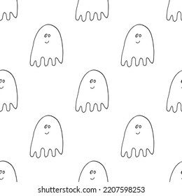 Cute ghost seamless pattern design. Halloween holiday, cartoon background, vector illustration.