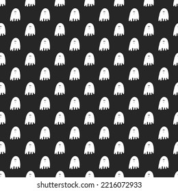 Cute ghost seamless pattern design. Halloween holiday, cartoon background, vector illustration.