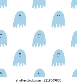 Cute ghost seamless pattern design. Halloween holiday, cartoon background, vector illustration.