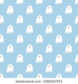 Cute ghost seamless pattern design. Halloween holiday, cartoon background, vector illustration.