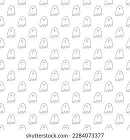 Cute ghost seamless pattern design. Halloween holiday, cartoon background, vector illustration.