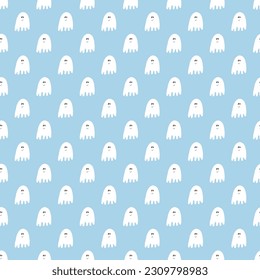 Cute ghost seamless pattern design. Halloween holiday, cartoon background, vector illustration.