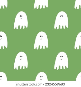 Cute ghost seamless pattern design. Halloween holiday, cartoon background, vector illustration.