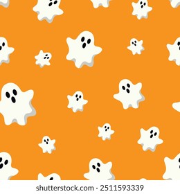 Cute Ghost seamless pattern with ghosts on yellow background. Repeating print for fabric, wrapping paper, textile. Vector illustration