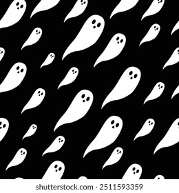 Cute Ghost seamless pattern with ghosts on black background. Repeating print for fabric, wrapping paper, textile. Vector illustration