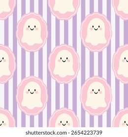 Cute ghost Seamless Pattern for halloween on a purple stripes Background. Perfect for Prints, Wrapping Paper, Wallpaper, Textiles, Stationery, and Fabric