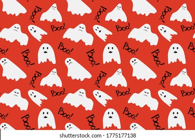 Cute ghost seamless pattern with lettering. Red vector illustration in halloween mood for fabric, textile, wallpaper, wrapping paper,  background
