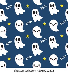 Cute ghost seamless pattern on blue background
