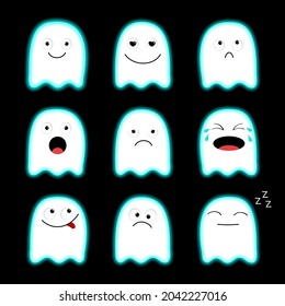 Geräuschmessgerät. Emoji-Ikone. Fröhliches Halloween. Emoticons. Funny kawaii Zeichentrickfiguren. Gruselige, weiße, leuchtende Geister. Neonblau-Effekt. Emotion-Sammlung. Flaches Design. Schwarzer Hintergrund. Vektorgrafik