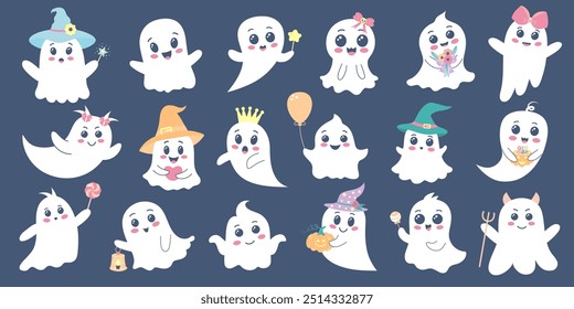 Fantasma bonito. Personagens do bebê do Halloween. Espíritos mágicos e assustadores. Ilustração de desenho animado vetorial.