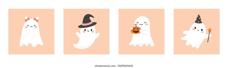 Cute ghost set. Halloween postcard collection with different ghosts. Concept of mystical drawings for decoration. Flat vector illustration on white isolated background. Hand drawn style.